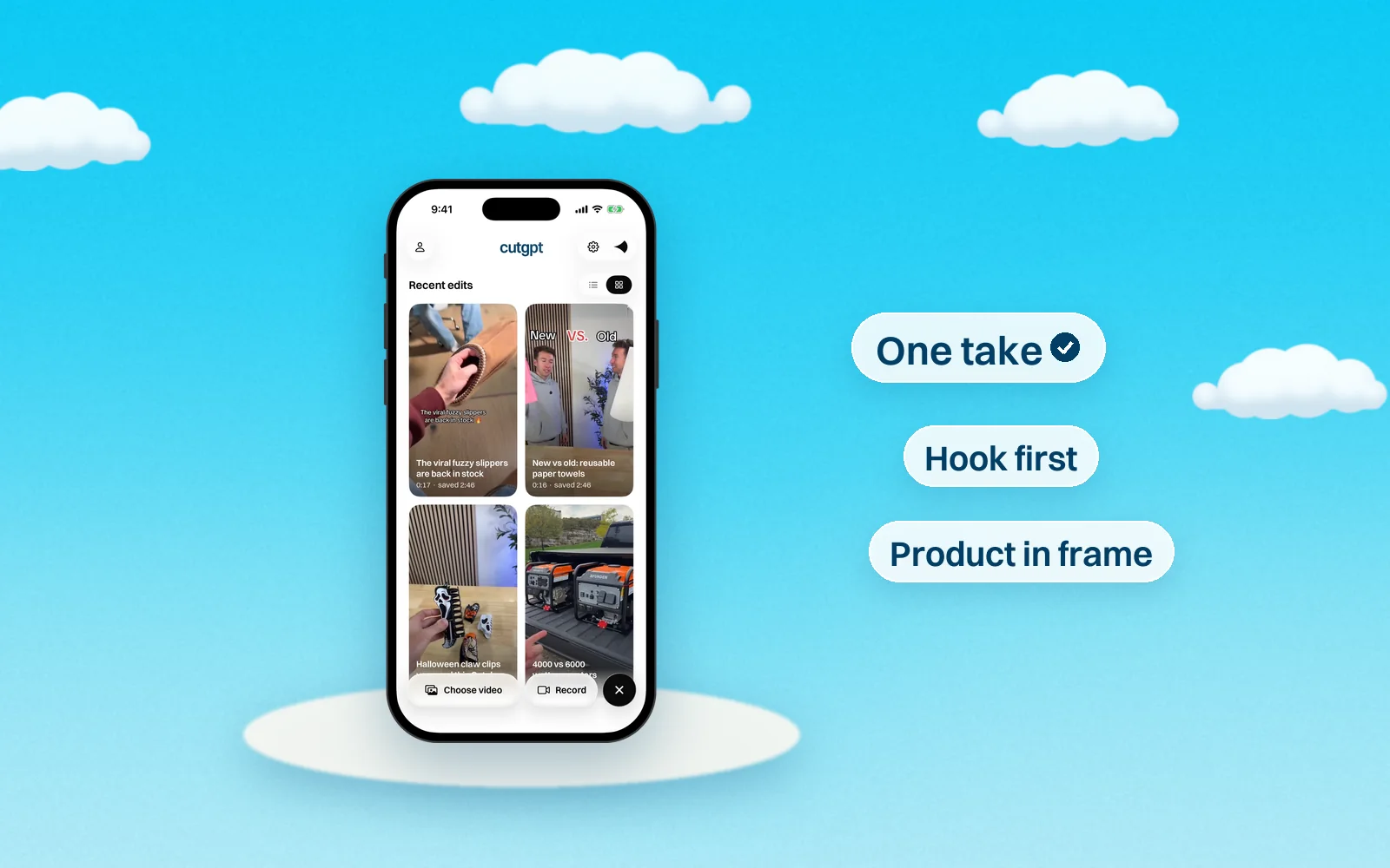 Sky-blue illustration of an iPhone showing CutGPT as it records a creator holding a product up to the camera.