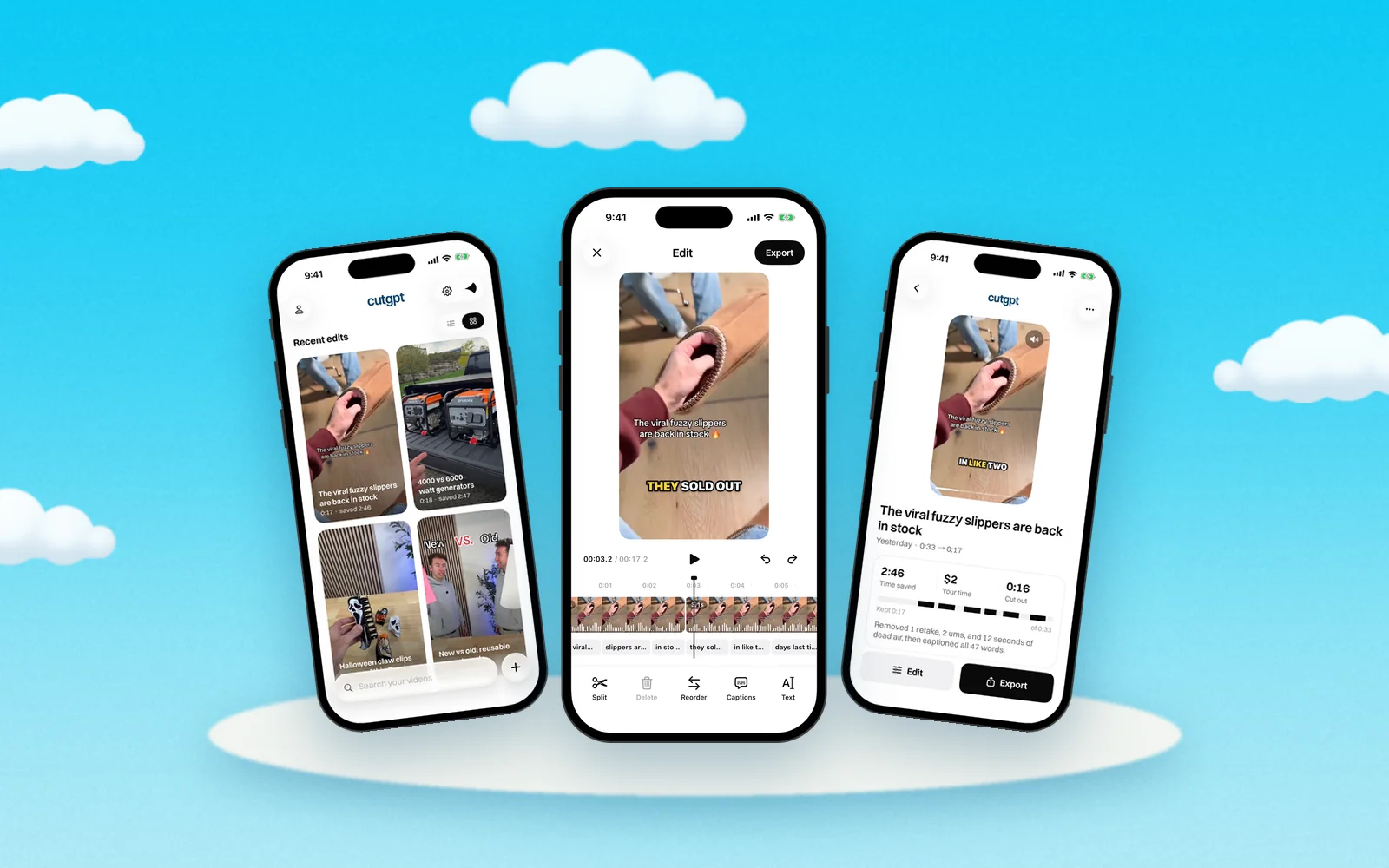 Sky-blue illustration of an iPhone showing CutGPT turning one long take into a short, captioned edit.