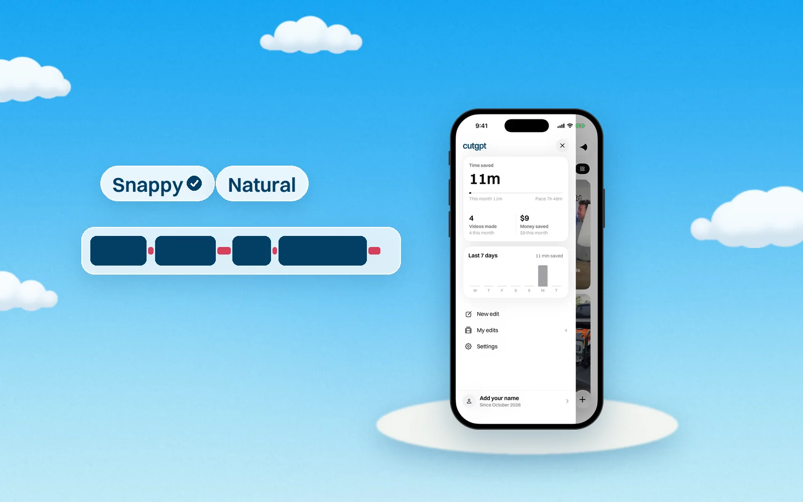 Sky-blue illustration of an iPhone showing CutGPT's Cut pace setting, with Snappy and Natural side by side.