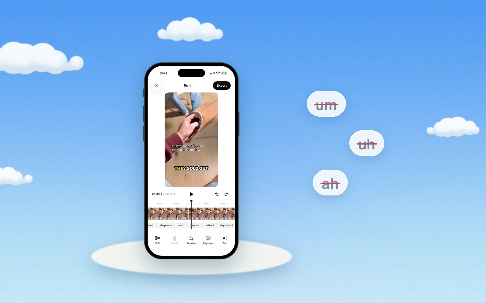 Sky-blue illustration of an iPhone showing CutGPT's transcript with the ums and uhs struck through.